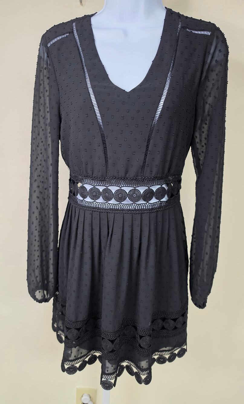 Free Generation Black Swiss Dot Crochet Cutout Mini Dress S Boho 0155